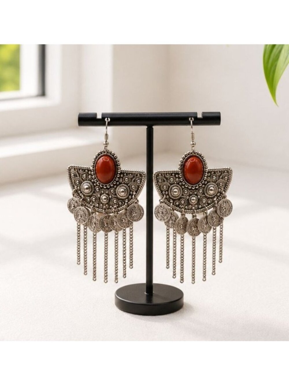 Bohemian Style Antique-Inspired Dangle Earrings With Red Stone & Coin Accents Or